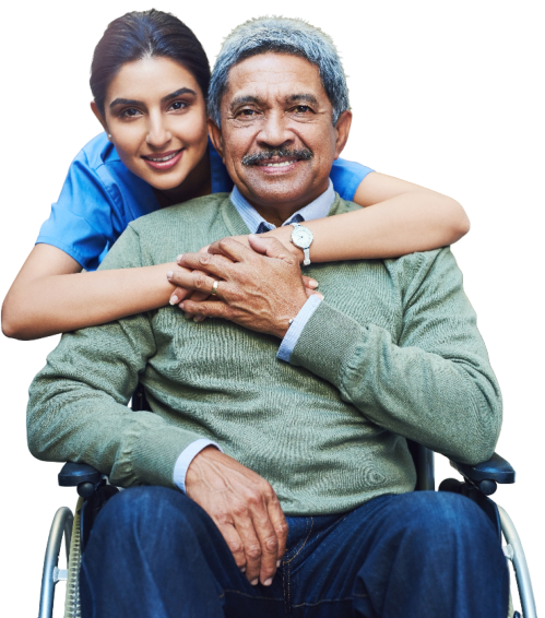 aide hugging the senior man