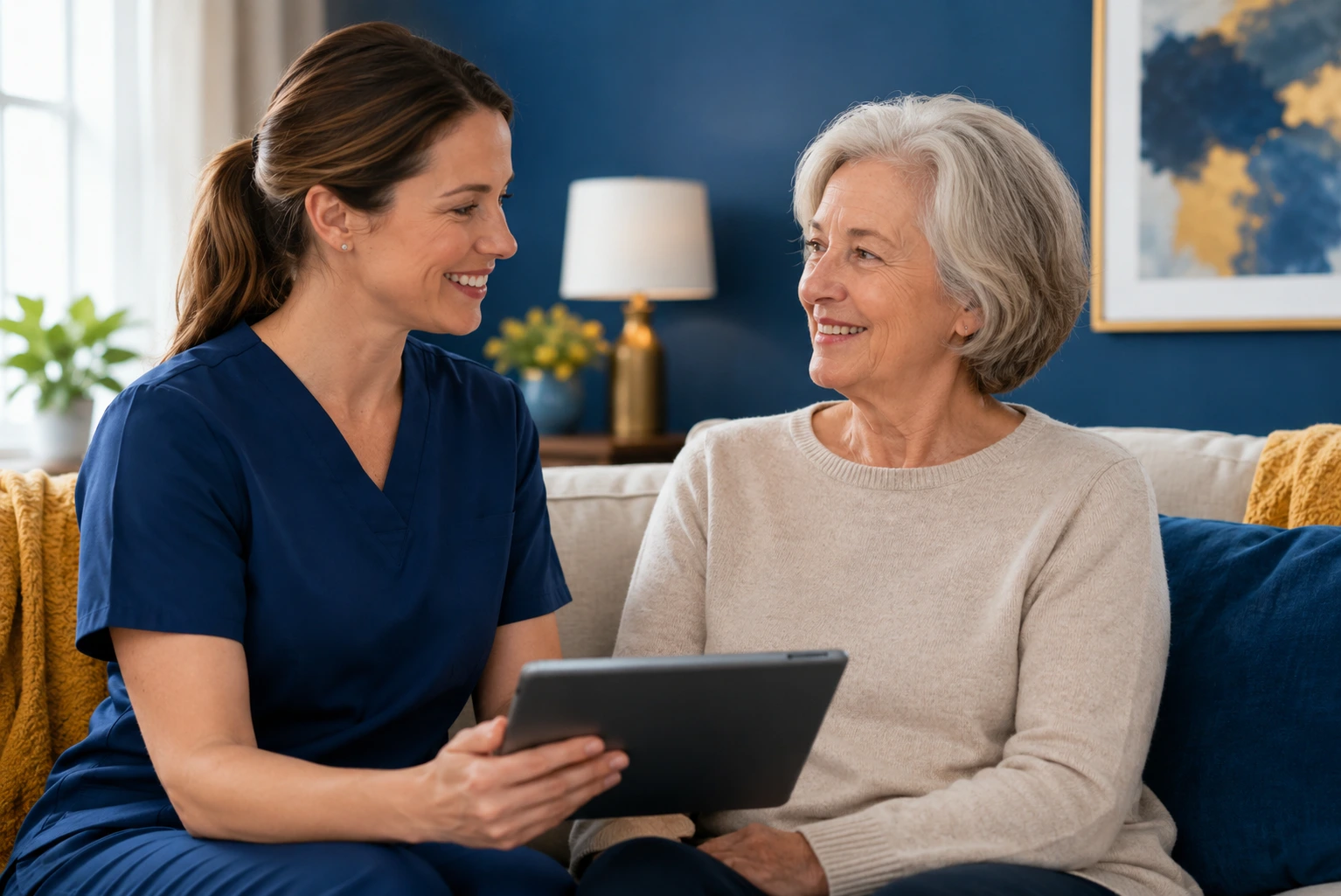 A smiling home health care provider in blue scrubs sits with a senior woman in a cozy home, reviewing a tablet during a supportive care consultation.