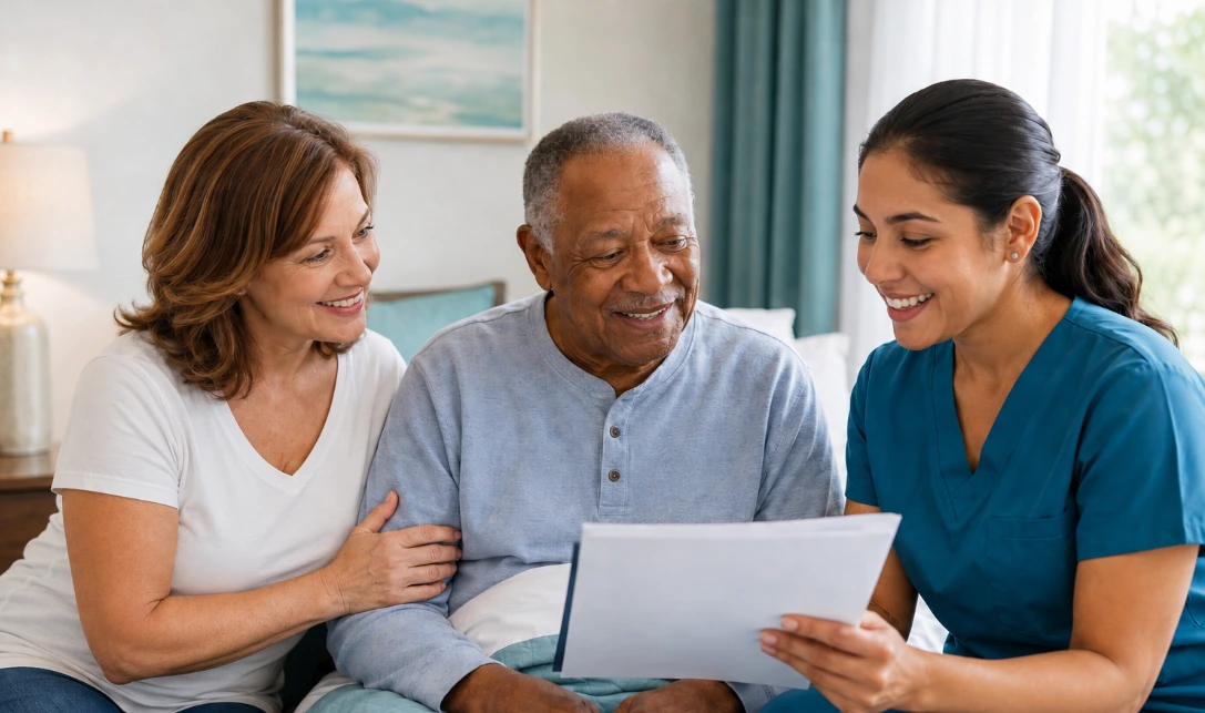 Family caregiver and home health professional review a recovery care plan with an elderly loved one in a calm home bedroom setting.