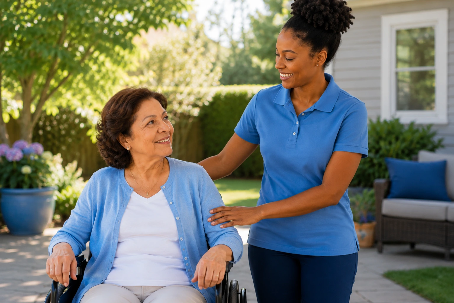 Home health caregiver supporting an older adult during a comfortable summer day at home.