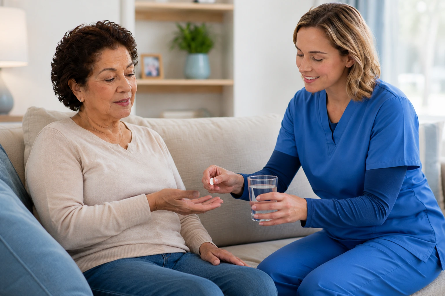 Home health nurse giving medication and a glass of water to a senior woman in a comfortable home setting.